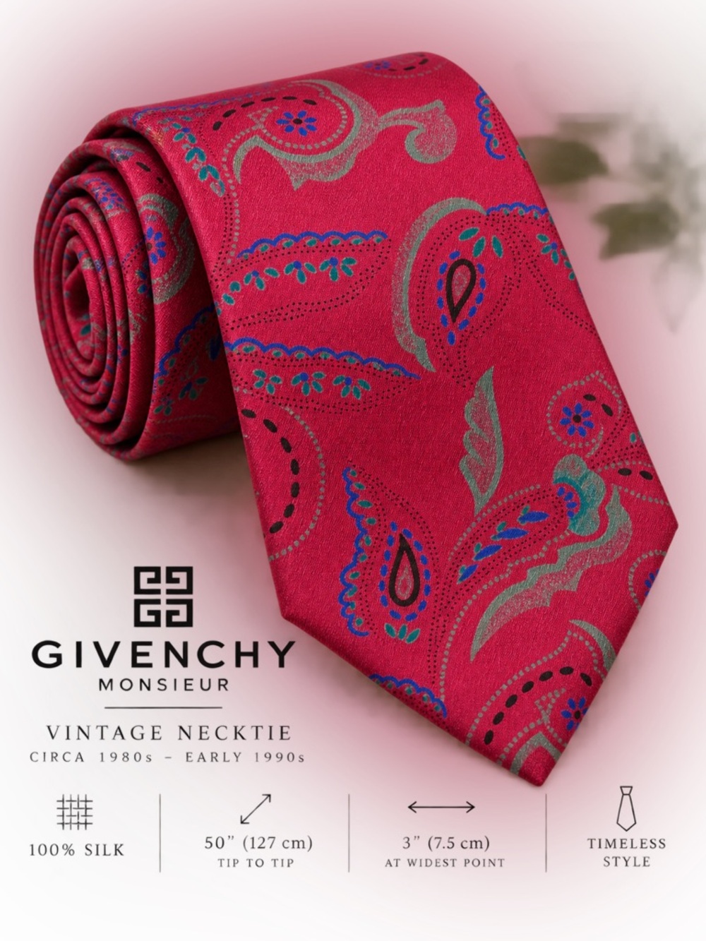 Vintage Givenchy Monsieur 100% Silk Paisley Tie